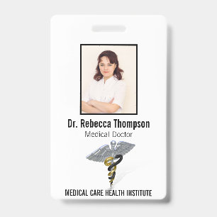 Medical Silver Caduceus Black Gold Foto ID Badge
