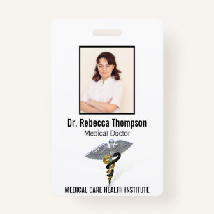 Medical Silver Caduceus Black Gold Foto ID Badge