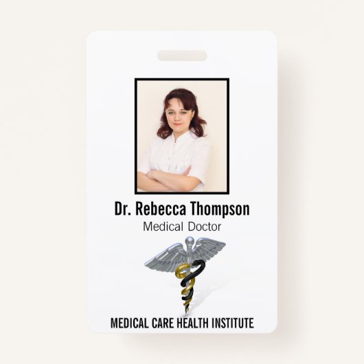 Medical Silver Caduceus Black Gold Foto ID Badge (Voorkant)