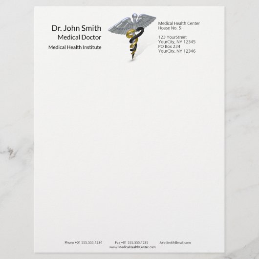 Medical Silver Caduceus Black Gold - Letterhead Persoonlijk Briefhoofd (Voorkant)