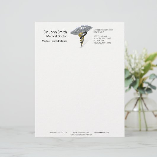 Medical Silver Caduceus Black Gold - Letterhead Persoonlijk Briefhoofd (Staand voorkant)