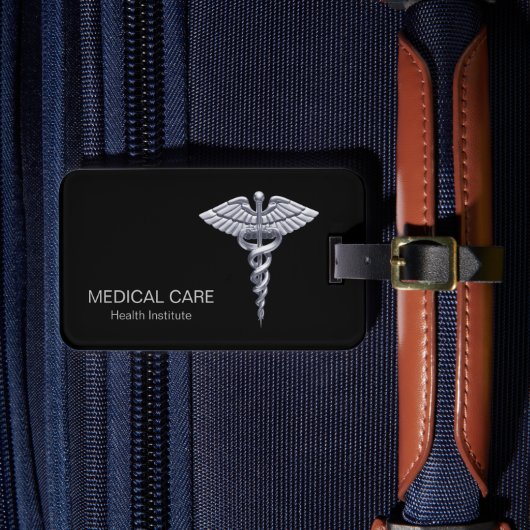 Medical Silver Caduceus Classy on Black Bagagelabel (Voorkant Insitu 4)