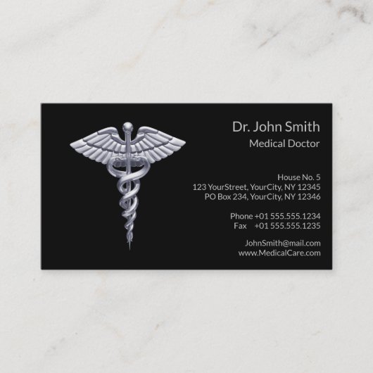 Medical Silver Classy Caduceus op Black Afsprakenkaartje (Voorkant)
