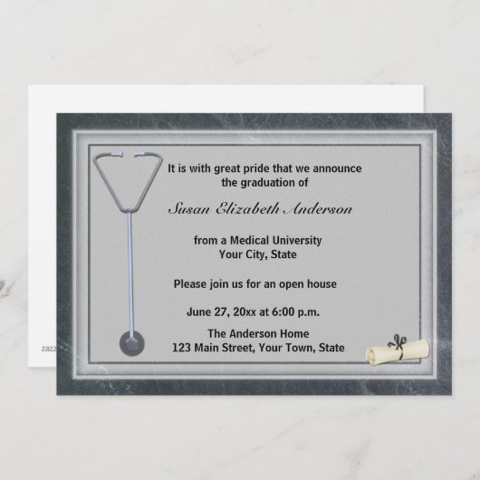 Medical Stethoscoop Grijze Afstuderen Uitnodiging (Voorkant / Achterkant)
