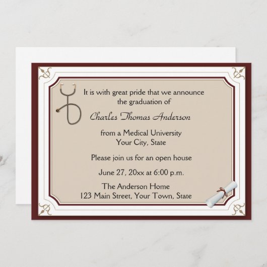 Medical Stethoscoop Tan Afstuderen Uitnodiging (Voorkant / Achterkant)