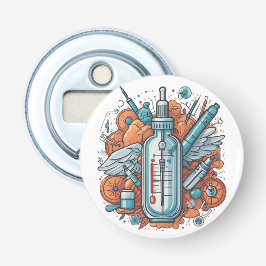 Medical Vial Art - Syringe & Pill Bottle Wings Button Flesopener