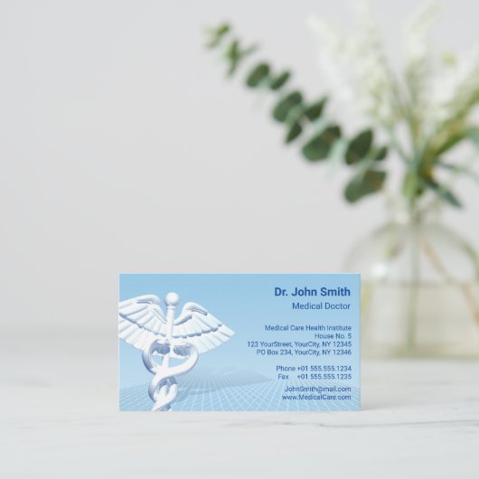 Medical White 3D Caduceus Blue Design Afsprakenkaartje (Staand voorkant)