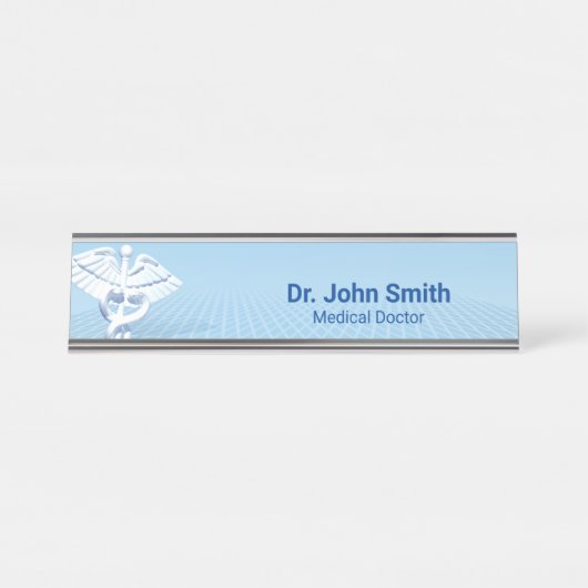 Medical White 3D Caduceus Blue Design Bureau Naambordje (Voorkant)