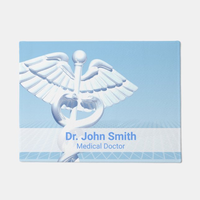 Medical White 3D Caduceus Blue Design Deurmat (Voorkant)