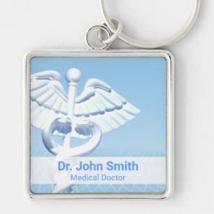 Medical White 3D Caduceus Blue Design Sleutelhanger