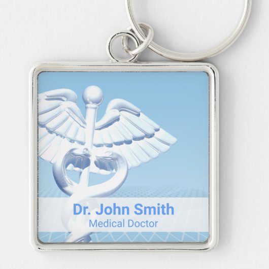 Medical White 3D Caduceus Blue Design Sleutelhanger (Voorkant)