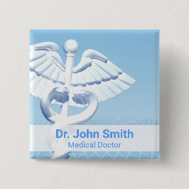Medical White 3D Caduceus Blue Design Vierkante Button 5,1 Cm