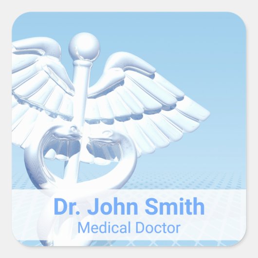 Medical White 3D Caduceus Blue Design Vierkante Sticker (Voorkant)