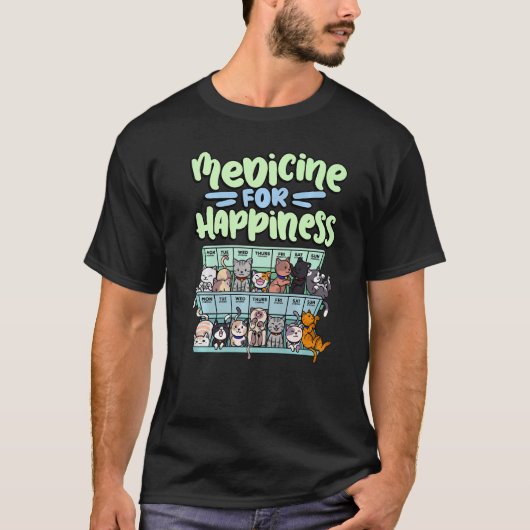 medicine for happiness pill box animals cat breeds t-shirt (Voorkant)