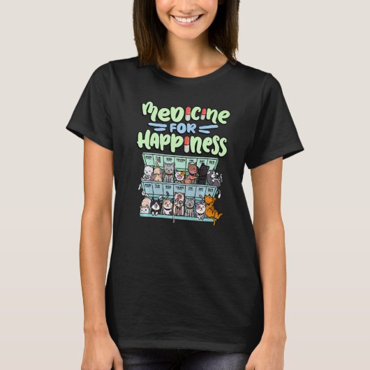medicine for happiness pill box animals cat breeds t-shirt (Voorkant)