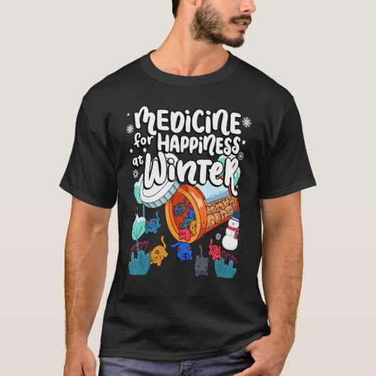 Medicine voor geluk in winterkat-gummies-eter t-shirt (Voorkant)
