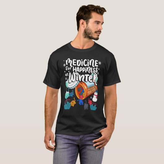 Medicine voor geluk in winterkat-gummies-eter t-shirt (Voorkant volledig)