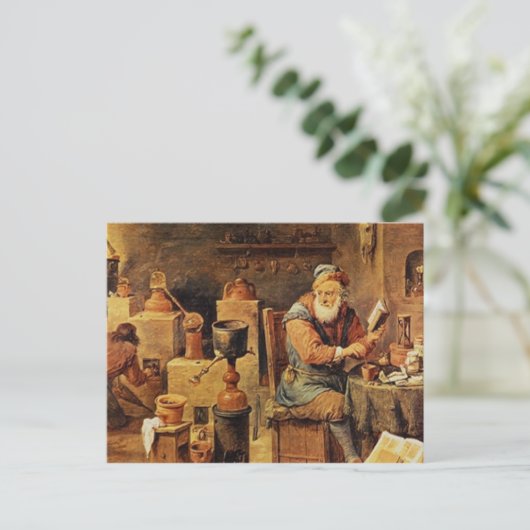 Medieval alchemist op het werk briefkaart (Staand voorkant)