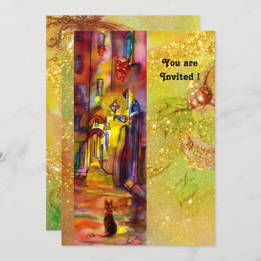 MEDIEVAL ALLEEN BIJ NACHT IN FLORENCE, rood geel Kaart (Voorkant / Achterkant)