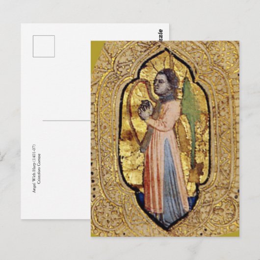 Medieval Angel met Harp Gold Renaissance Fine Art Briefkaart (Voorkant / Achterkant)