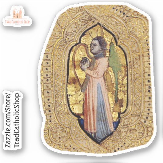 Medieval Angel met Harp Gold Renaissance Fine Art Sticker (Voorkant)