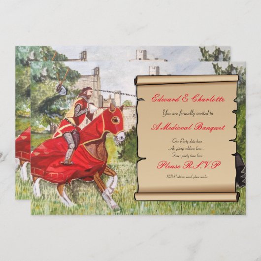 Medieval Banquet Invitation Jousting Horses Kaart (Voorkant / Achterkant)