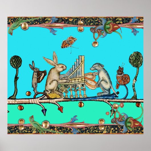 MEDIEVAL BESTIAIR MAKEN MUZIEK, konijn, hond, blau Poster (Voorkant)