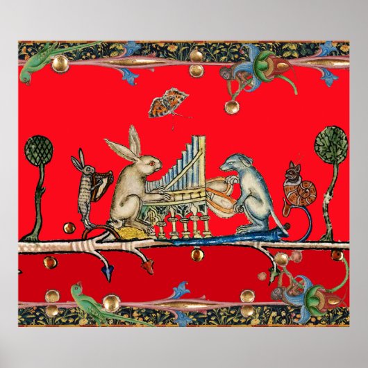 MEDIEVAL BESTIAIR MAKEN MUZIEK, konijn, hond, rood Poster (Voorkant)