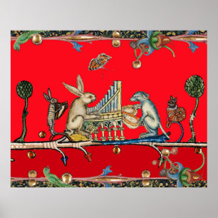 MEDIEVAL BESTIAIR MAKEN MUZIEK, konijn, hond, rood Poster