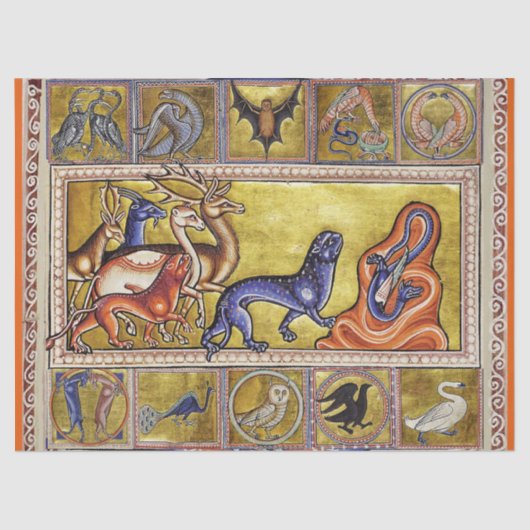 MEDIEVAL BESTIARY, DEERS, GOAT, CAMEL PANTHER, DRA TISSUEPAPIER (Voorkant)