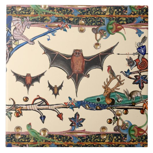 MEDIEVAL BESTIARY, FLYING BATS FOREST ANIMALS Crea Tegeltje (Voorkant)