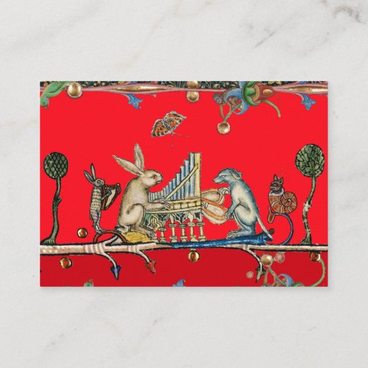 MEDIEVAL BESTIARY MAKING MUSIC, Rabbit, Dog Red Visitekaartje (Achterkant)