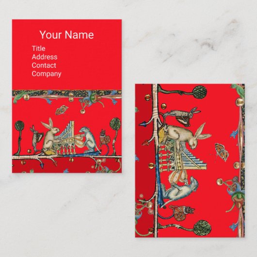 MEDIEVAL BESTIARY MAKING MUSIC, Rabbit, Dog Red Visitekaartje (Voorkant / Achterkant)