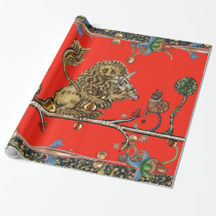 MEDIEVAL BESTIARY MAKING MUSIC Violinist Lion Red Cadeaupapier