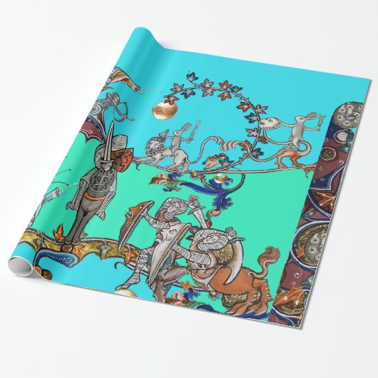 MEDIEVAL BESTIARY WAR, KNIGHTS, GIANT SNAILS Blue Cadeaupapier (Uitgerold)