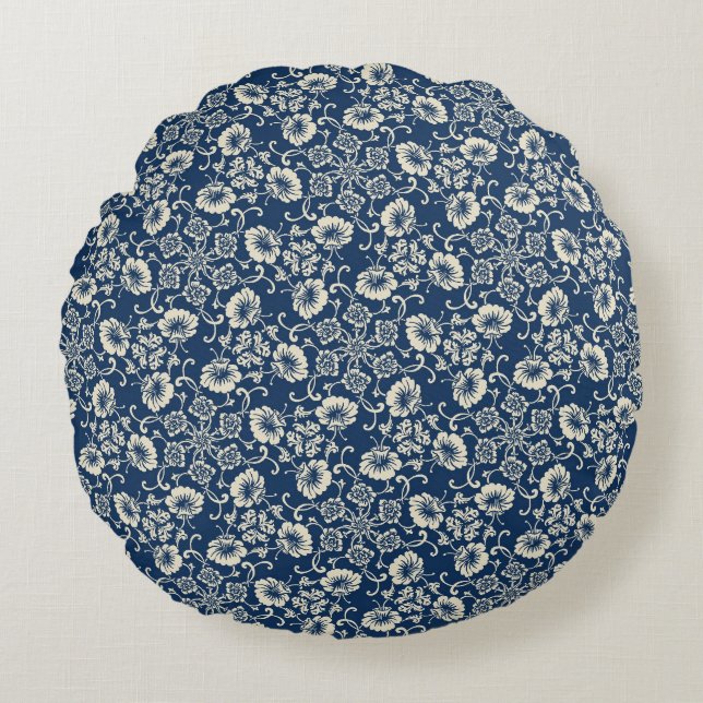 Medieval Blauw Floral Design Rond Kussen (Voorkant)