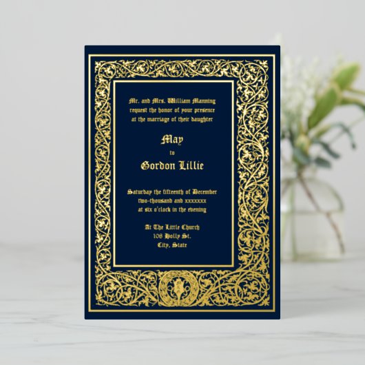 Medieval ca. 1477 Foliage Border Wedding Folie Uitnodiging (Staand Voorkant)