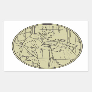 Medieval carpenter Sawing Wood Cirkel Retro Rechthoekige Sticker