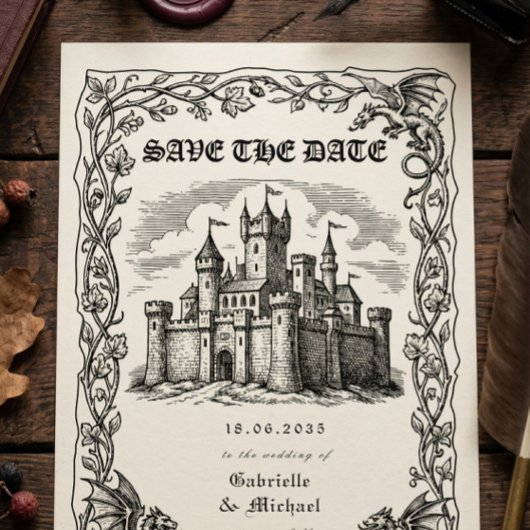 Medieval Castle Black White Illustration  Save The Date