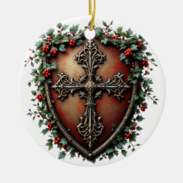 Medieval Christmas Shield with Gothic Cross Keramisch Ornament