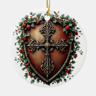 Medieval Christmas Shield with Gothic Cross  Keramisch Ornament