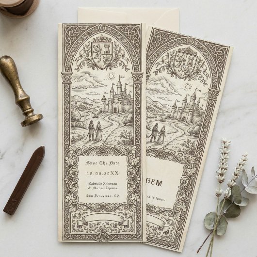 Medieval Crest Wedding Bookmark Save The Date Kaart