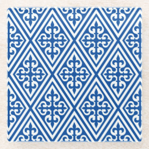 Medieval Cross Damask - Cobalt Blue en White Glazen Onderzetter