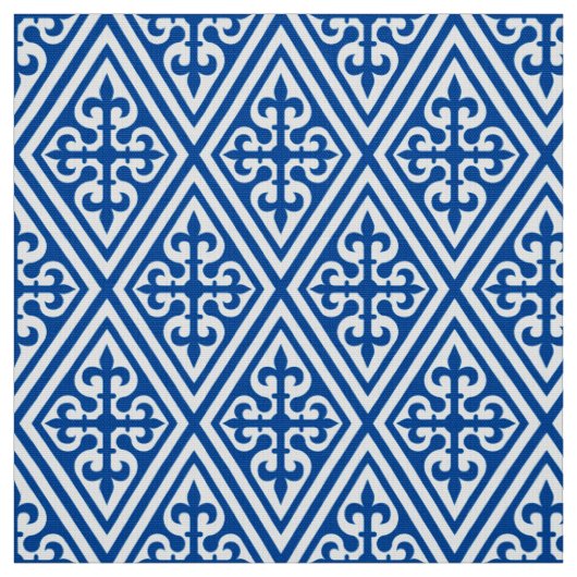 Medieval Cross Damask - Cobalt Blue en White Stof (Swatch)