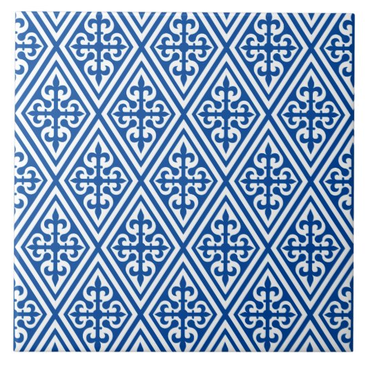 Medieval Cross Damask - Cobalt Blue en White Tegeltje (Voorkant)