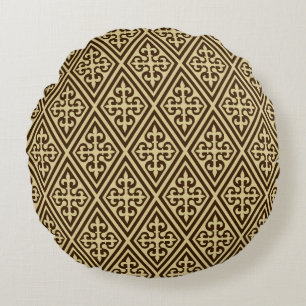 Medieval Cross Damask - Dark Brown en Tan Rond Kussen