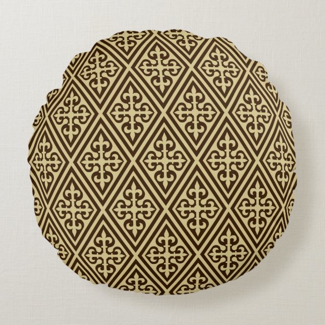Medieval Cross Damask - Dark Brown en Tan Rond Kussen (Voorkant)