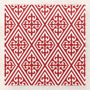 Medieval Cross Damask - Deep Red en White Glazen Onderzetter
