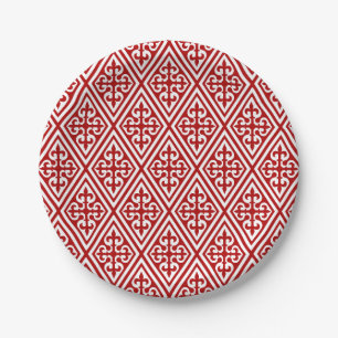 Medieval Cross Damask - Deep Red en White Papieren Bordje