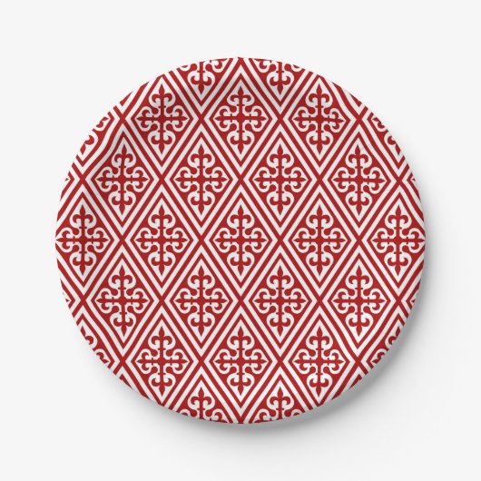Medieval Cross Damask - Deep Red en White Papieren Bordje (Voorkant)